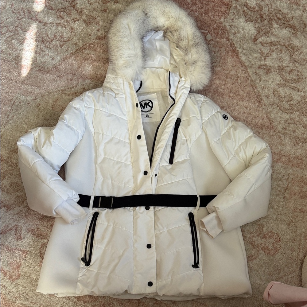 Michael Kors Women's White Puffer Coat with Fur Hood